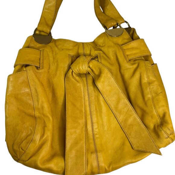 Kooba Vintage Mustard Yellow Leather Tote Bag with Bow Detail & Gold Hardware - Picture 11 of 13